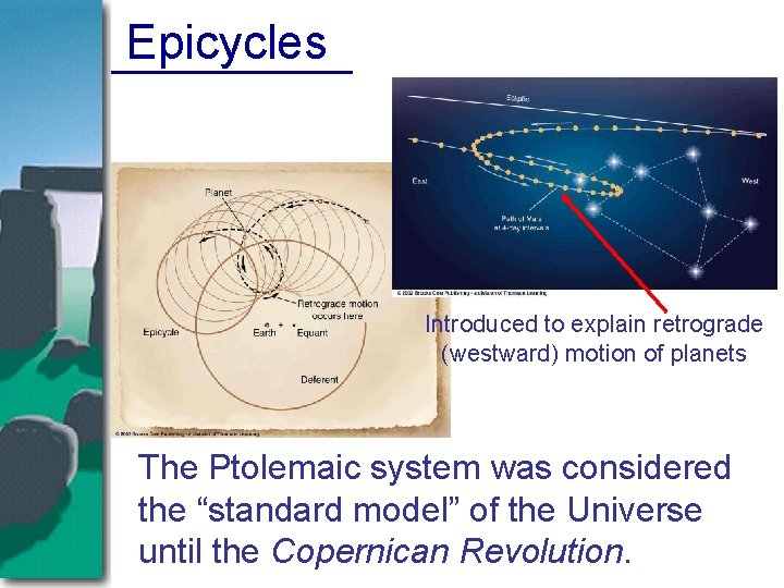 Epicycles Introduced to explain retrograde (westward) motion of planets The Ptolemaic system was considered