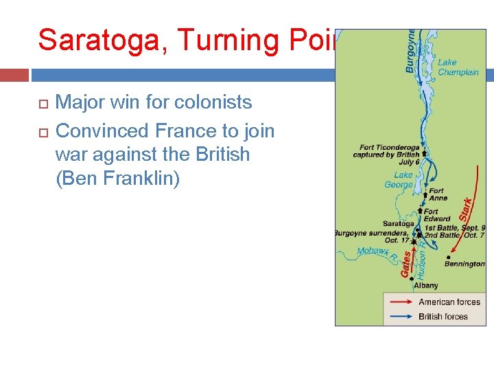 Saratoga, Turning Point Major win for colonists Convinced France to join war against the