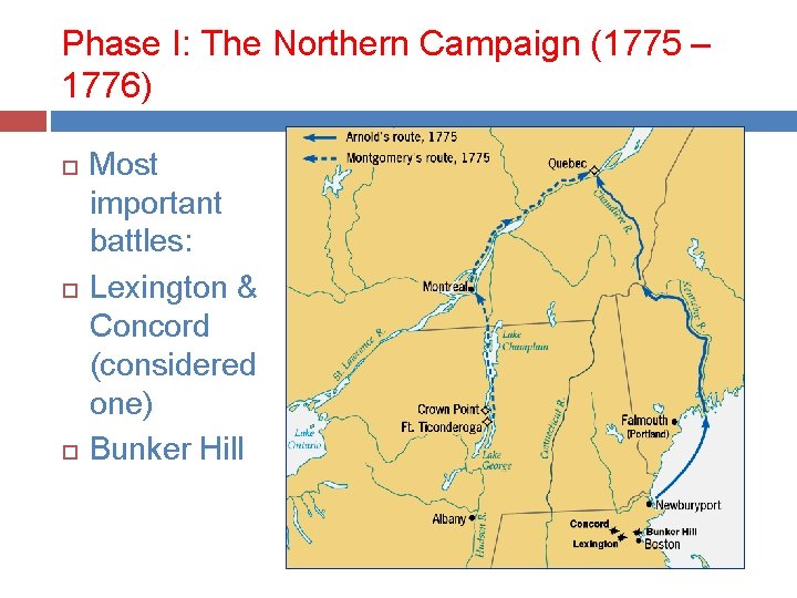 Phase I: The Northern Campaign (1775 – 1776) Most important battles: Lexington & Concord