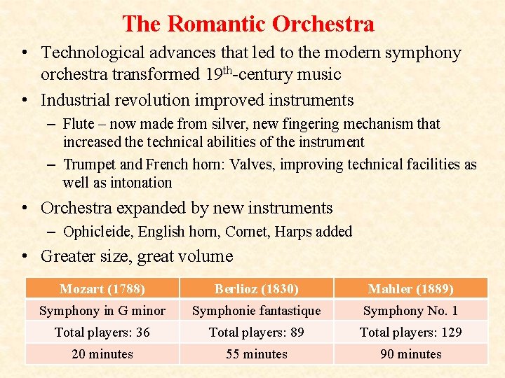 The Romantic Orchestra • Technological advances that led to the modern symphony orchestra transformed