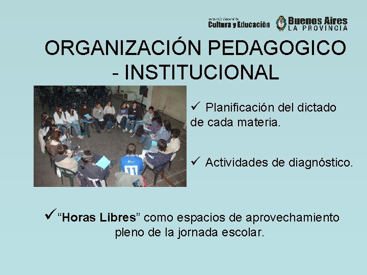 ORGANIZACIÓN PEDAGOGICO - INSTITUCIONAL ü Planificación del dictado de cada materia. ü Actividades de