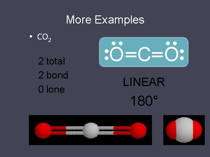 More Examples • CO 2 2 total 2 bond 0 lone O C O