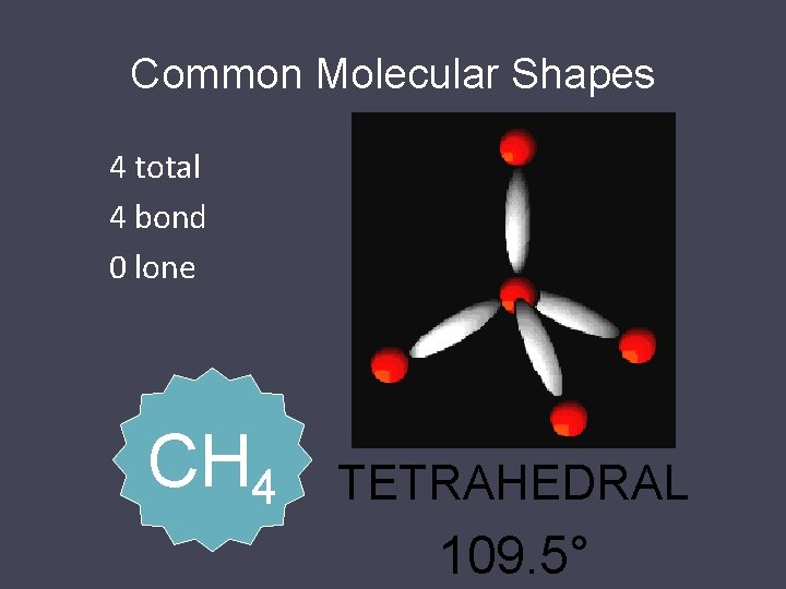 Common Molecular Shapes 4 total 4 bond 0 lone CH 4 TETRAHEDRAL 109. 5°