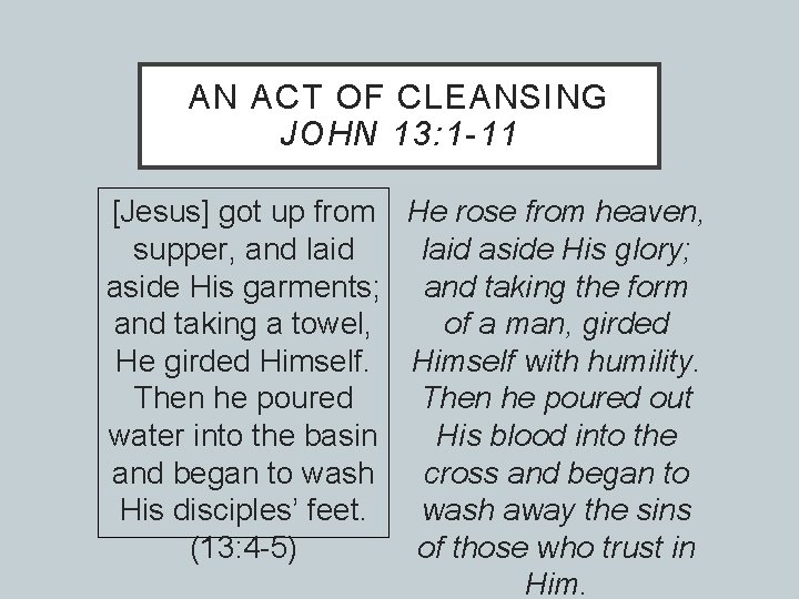 AN ACT OF CLEANSING JOHN 13: 1 -11 [Jesus] got up from He rose