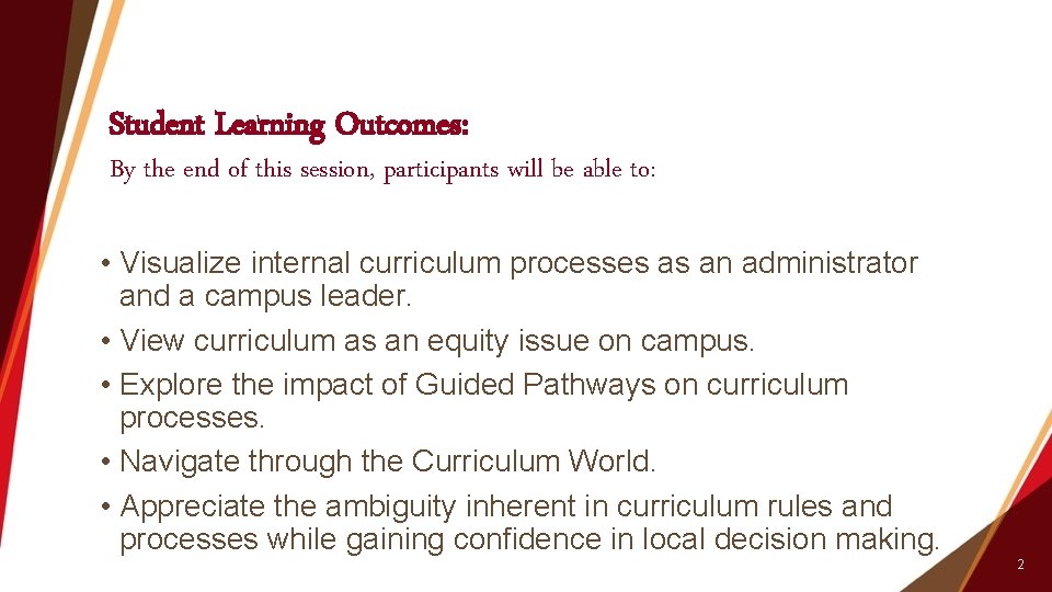 Student Learning Outcomes: By the end of this session, participants will be able to:
