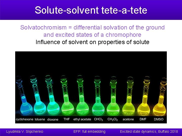 Solute-solvent tete-a-tete Solvatochromism = differential solvation of the ground and excited states of a