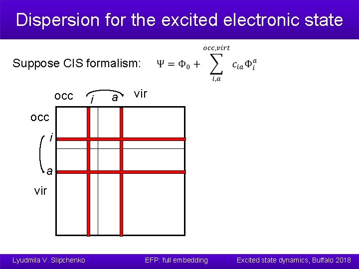 Dispersion for the excited electronic state Suppose CIS formalism: occ i a vir Lyudmila