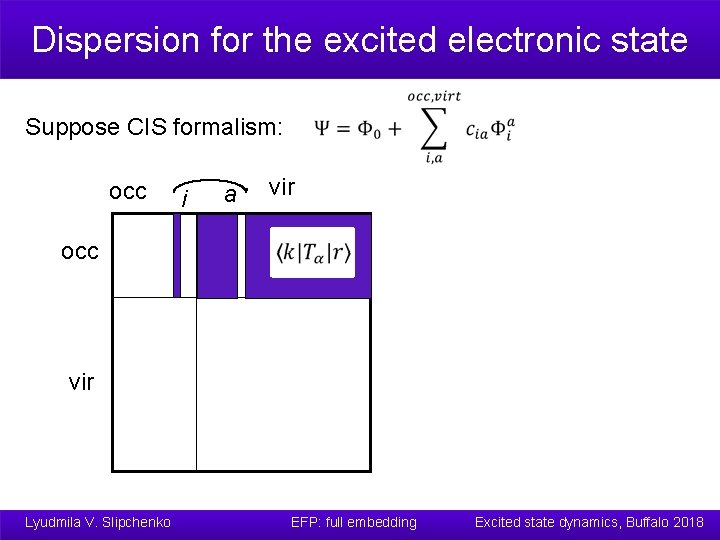 Dispersion for the excited electronic state Suppose CIS formalism: occ i a vir occ