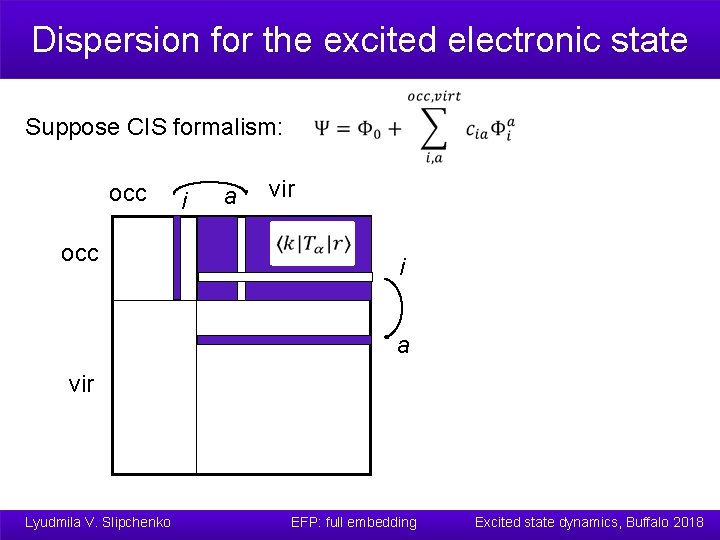Dispersion for the excited electronic state Suppose CIS formalism: occ i a vir Lyudmila