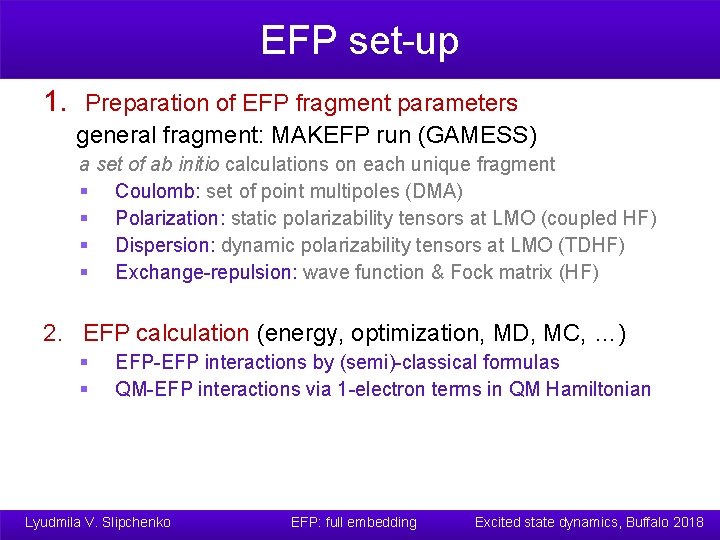 EFP set-up 1. Preparation of EFP fragment parameters general fragment: MAKEFP run (GAMESS) a