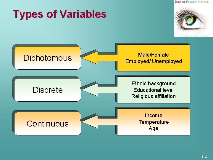 Types of Variables Dichotomous Male/Female Employed/ Unemployed Discrete Ethnic background Educational level Religious affiliation