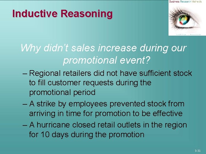 Inductive Reasoning Why didn’t sales increase during our promotional event? – Regional retailers did
