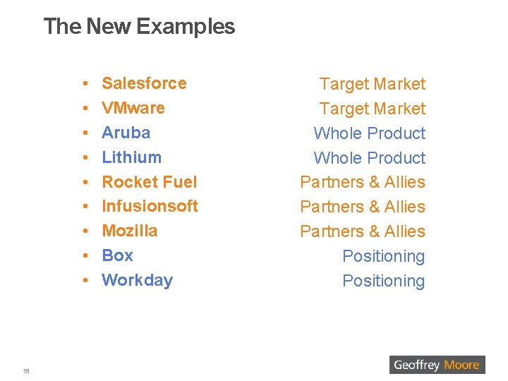 The New Examples • • • 18 Salesforce VMware Aruba Lithium Rocket Fuel Infusionsoft