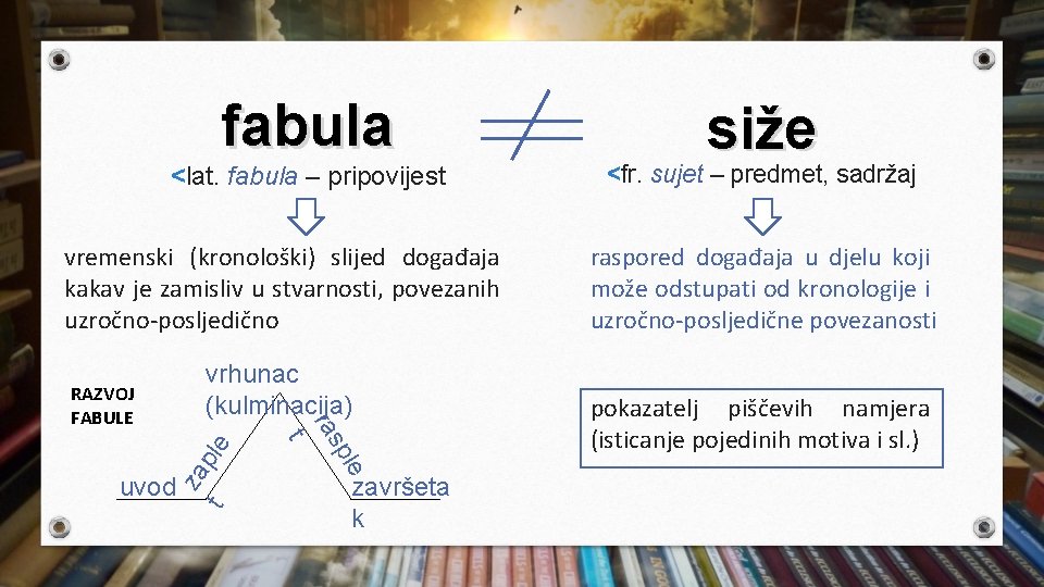 fabula <lat. fabula – pripovijest vremenski (kronološki) slijed događaja kakav je zamisliv u stvarnosti,