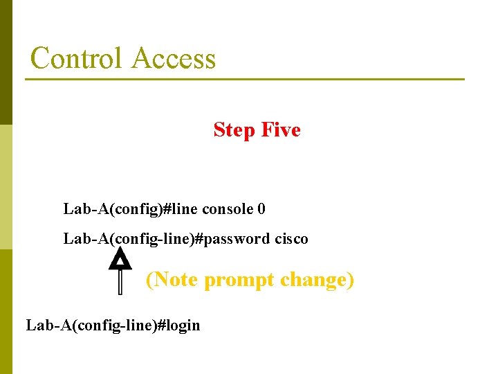 Control Access Step Five Lab-A(config)#line console 0 Lab-A(config-line)#password cisco (Note prompt change) Lab-A(config-line)#login 