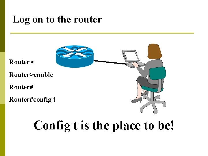 Log on to the router Router>enable Router#config t Config t is the place to