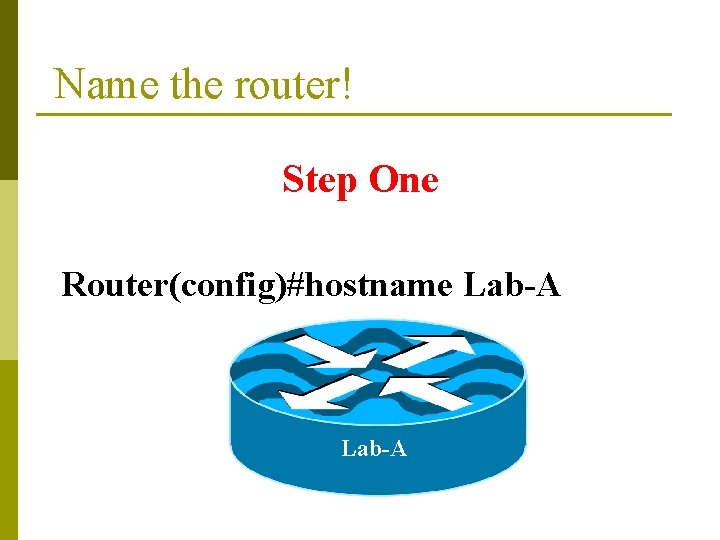 Name the router! Step One Router(config)#hostname Lab-A 