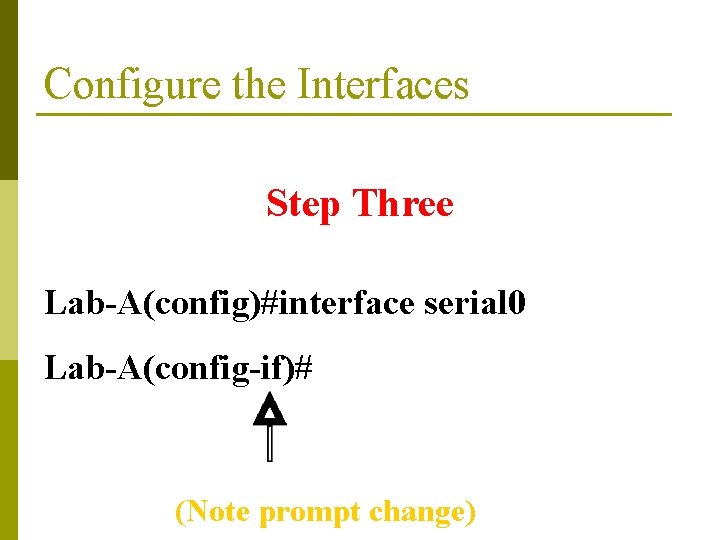 Configure the Interfaces Step Three Lab-A(config)#interface serial 0 Lab-A(config-if)# (Note prompt change) 