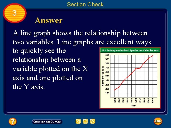Section Check 3 Answer A line graph shows the relationship between two variables. Line