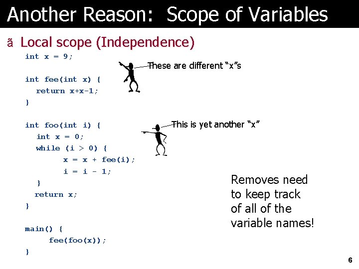 Another Reason: Scope of Variables ã Local scope (Independence) int x = 9; These