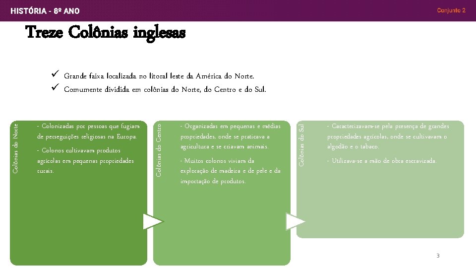 Treze Colônias inglesas - Colonos cultivavam produtos agrícolas em pequenas propriedades rurais. - Organizadas