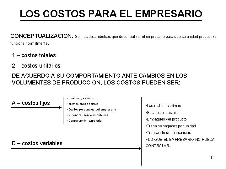 LOS COSTOS PARA EL EMPRESARIO CONCEPTUALIZACION: Son los desembolsos que debe realizar el empresario