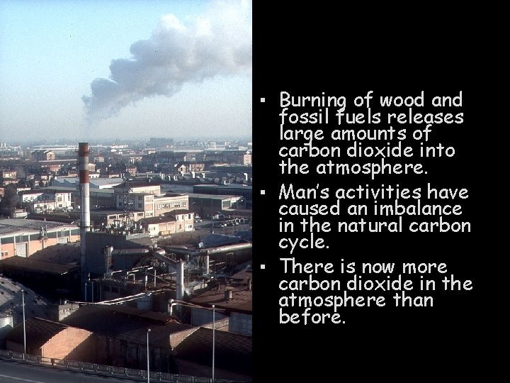 ▪ Burning of wood and fossil fuels releases large amounts of carbon dioxide into