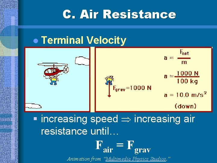 C. Air Resistance l Terminal Velocity § increasing speed increasing air resistance until… Fair