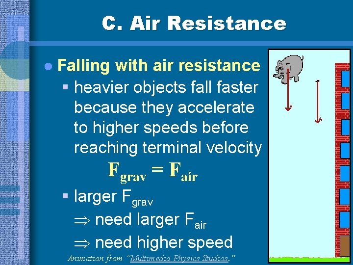 C. Air Resistance l Falling with air resistance § heavier objects fall faster because