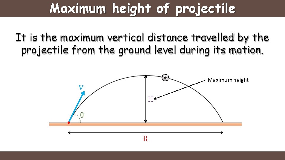 Maximum height of projectile It is the maximum vertical distance travelled by the projectile