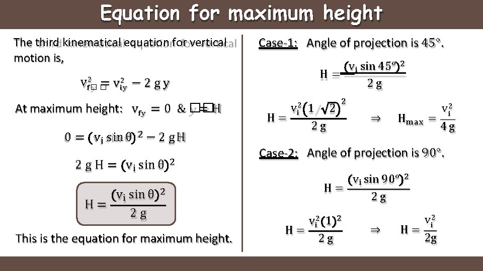 Equation for maximum height The third kinematical equation for vertical motion is, Case-1: Angle