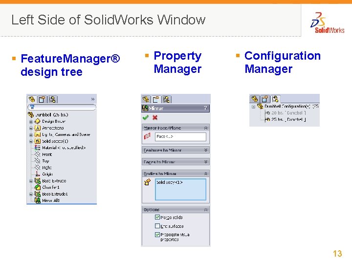 Left Side of Solid. Works Window § Feature. Manager® design tree § Property Manager