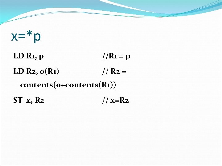 x=*p LD R 1, p //R 1 = p LD R 2, 0(R 1)