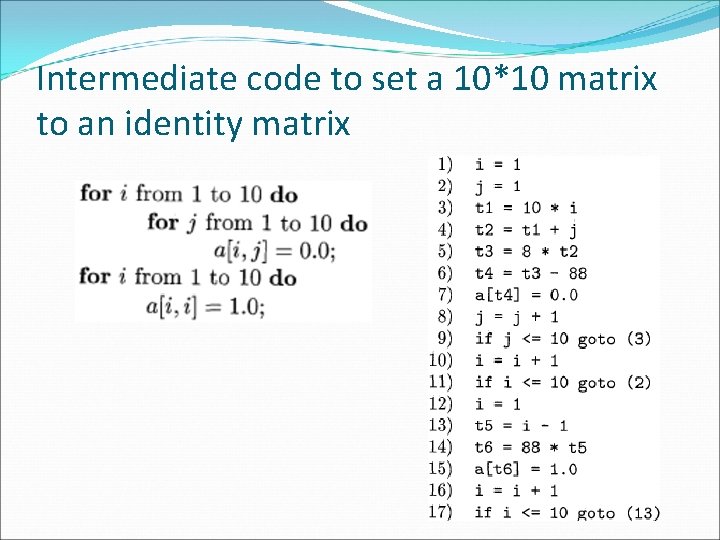 Intermediate code to set a 10*10 matrix to an identity matrix 