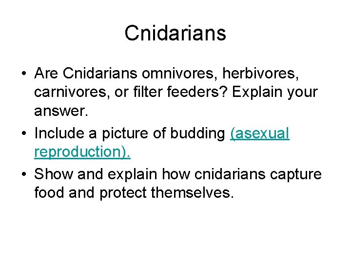 Cnidarians • Are Cnidarians omnivores, herbivores, carnivores, or filter feeders? Explain your answer. •