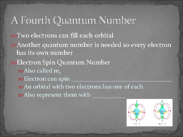 A Fourth Quantum Number Two electrons can fill each orbital Another quantum number is