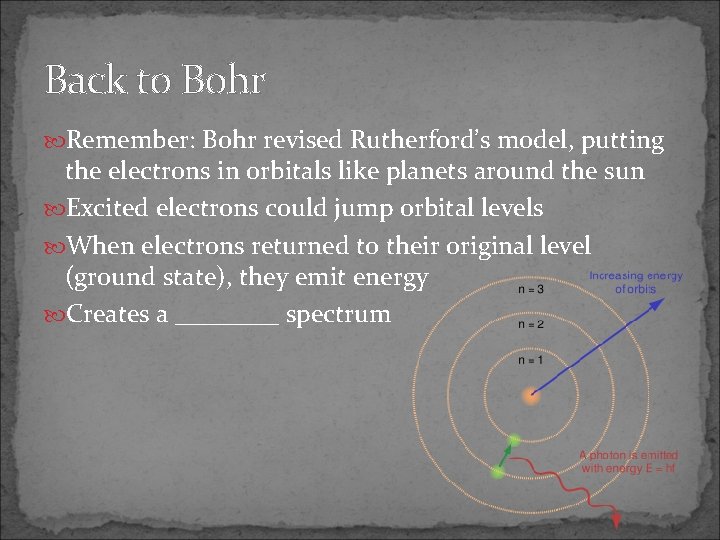 Back to Bohr Remember: Bohr revised Rutherford’s model, putting the electrons in orbitals like