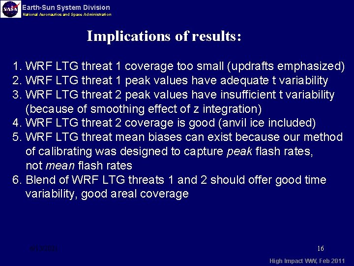 Earth-Sun System Division National Aeronautics and Space Administration Implications of results: 1. WRF LTG