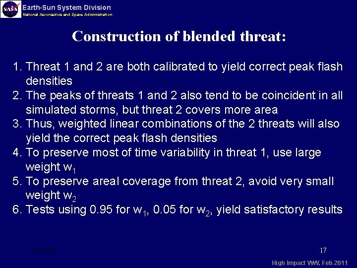 Earth-Sun System Division National Aeronautics and Space Administration Construction of blended threat: 1. Threat