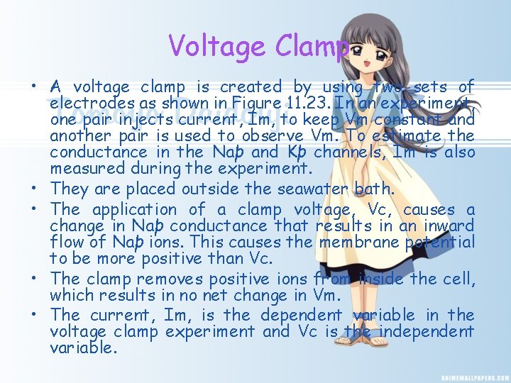 Voltage Clamp • A voltage clamp is created by using two sets of electrodes