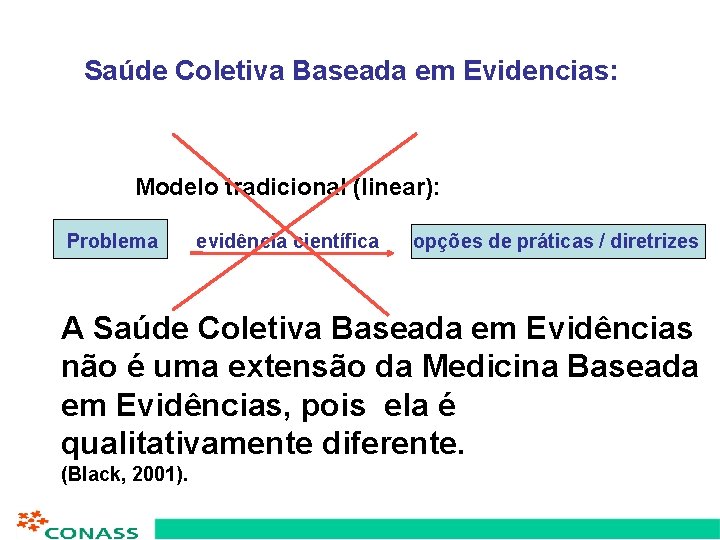 Saúde Coletiva Baseada em Evidencias: Modelo tradicional (linear): Problema evidência científica opções de práticas