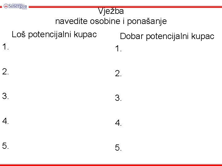 Vježba navedite osobine i ponašanje Loš potencijalni kupac 1. Dobar potencijalni kupac 1. 2. Vježba navedite osobine i ponašanje Loš potencijalni kupac 1. Dobar potencijalni kupac 1. 2.