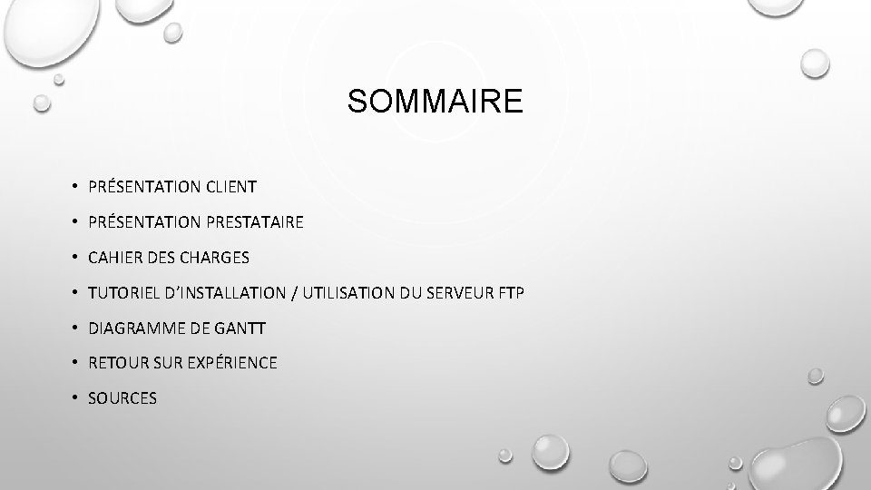 SOMMAIRE • PRÉSENTATION CLIENT • PRÉSENTATION PRESTATAIRE • CAHIER DES CHARGES • TUTORIEL D’INSTALLATION