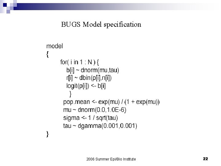 BUGS Model specification 2006 Summer Epi/Bio Institute 22 