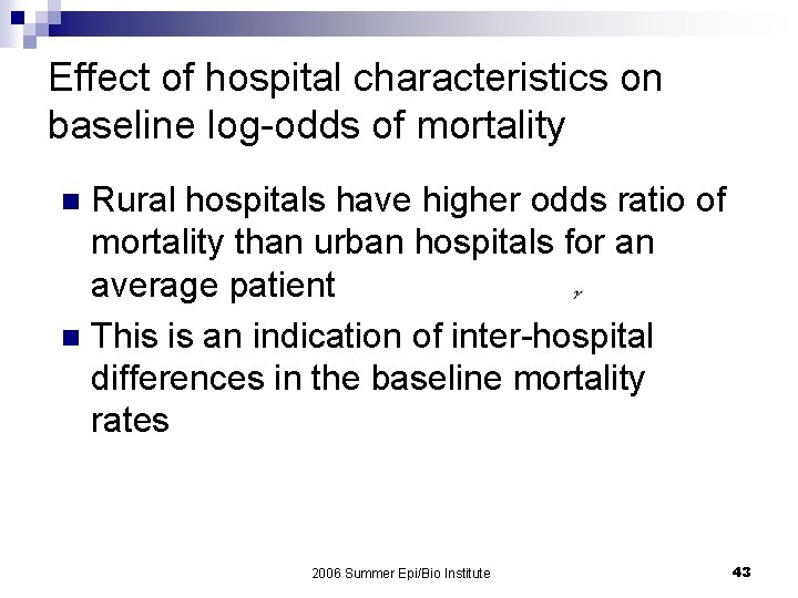 Effect of hospital characteristics on baseline log-odds of mortality Rural hospitals have higher odds