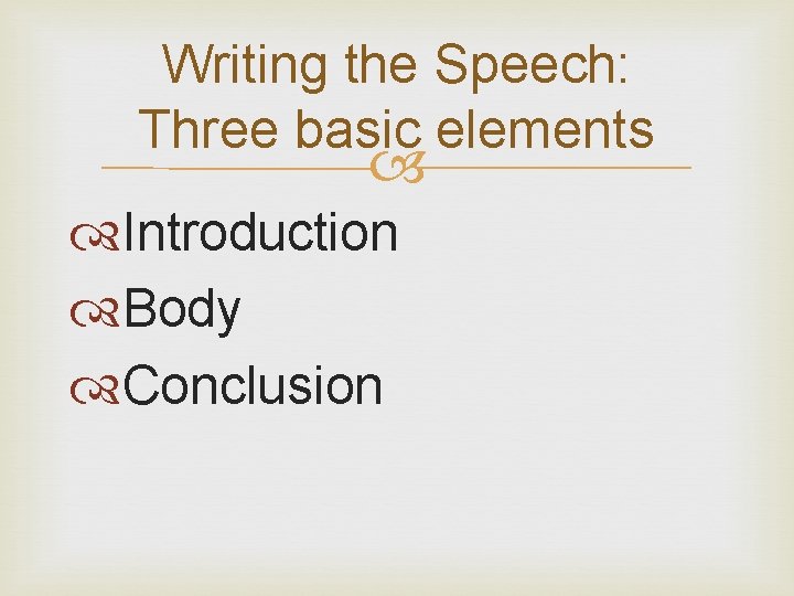 Writing the Speech: Three basic elements Introduction Body Conclusion 