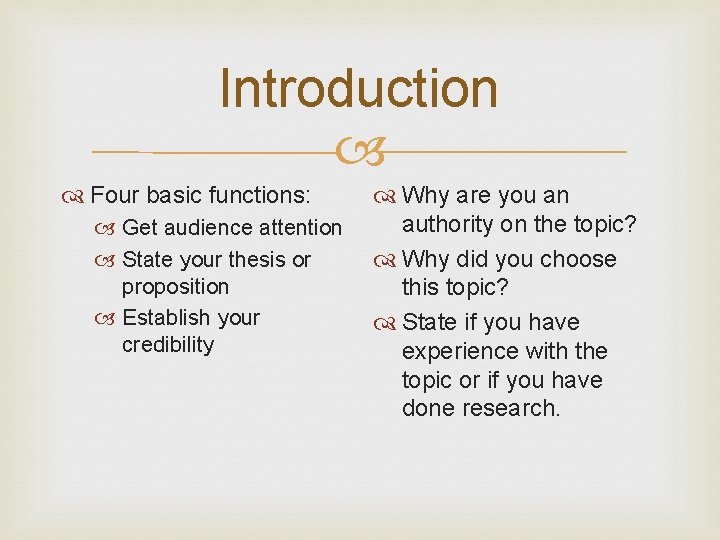 Introduction Four basic functions: Get audience attention State your thesis or proposition Establish your