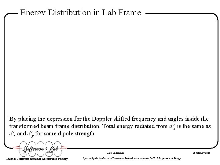 Energy Distribution in Lab Frame By placing the expression for the Doppler shifted frequency