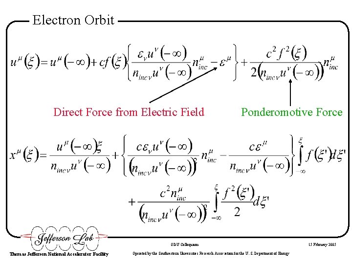 Electron Orbit Direct Force from Electric Field Ponderomotive Force ODU Colloquium Thomas Jefferson National