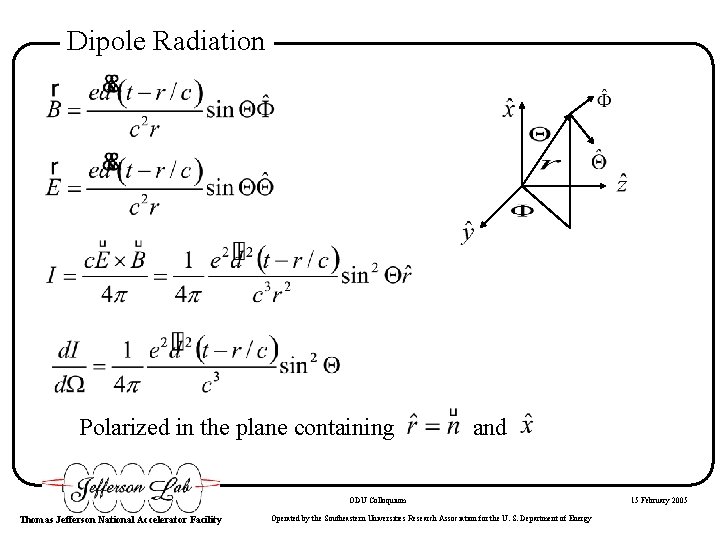 Dipole Radiation Polarized in the plane containing and ODU Colloquium Thomas Jefferson National Accelerator